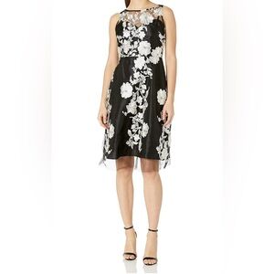 Sandra Darren Black White Dress embroidered floral mesh sleeveless cocktail 14